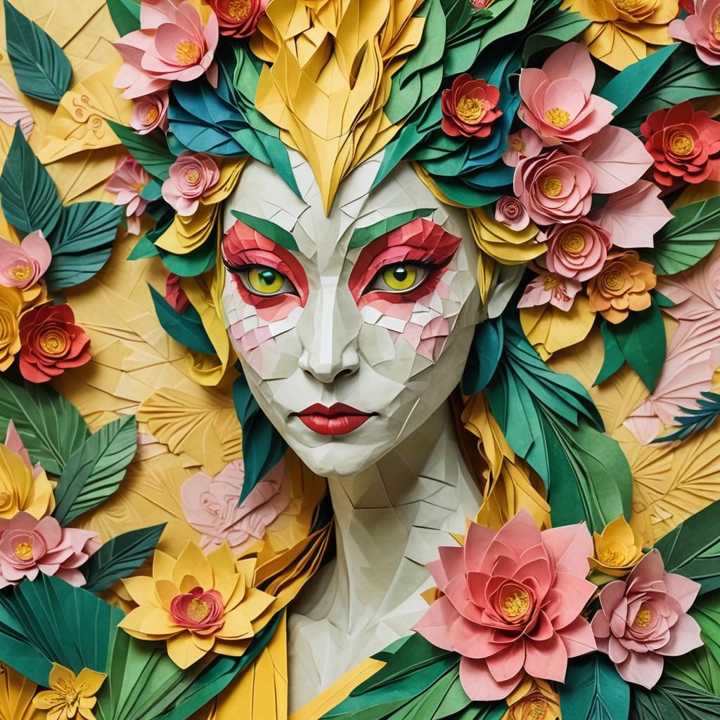 Origami Dragon Peacock Woman Portrait in Pastel Colors