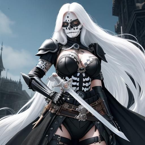 Armored Woman Warrior with Skeleton Face Tattoo