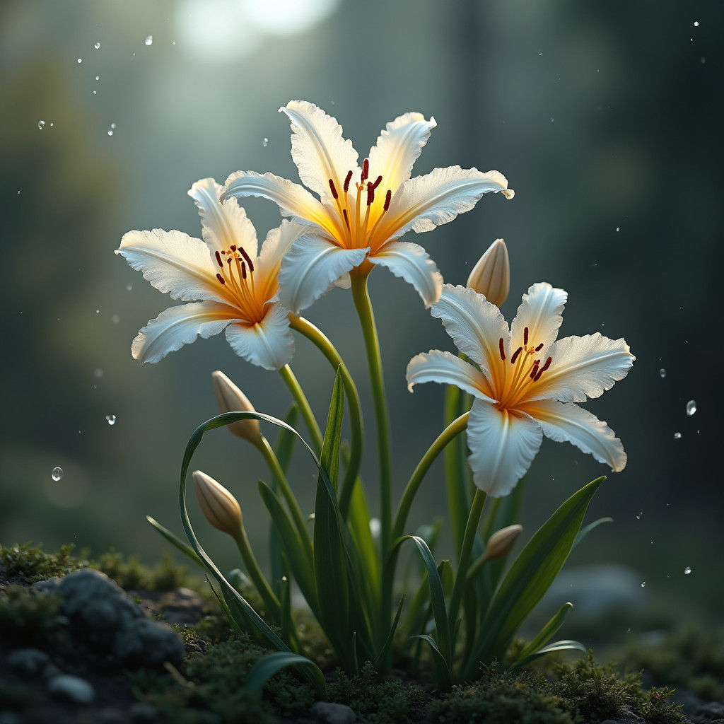 Blue Lily Bloom in Snowy Fantasy Landscape