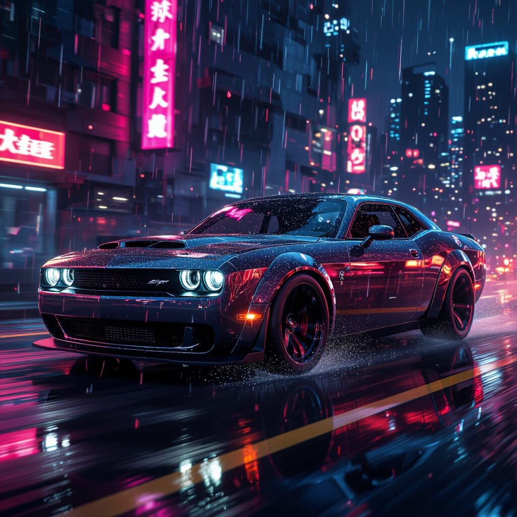 Diamond Hellcat Speeds Through Neon Cyberpunk City