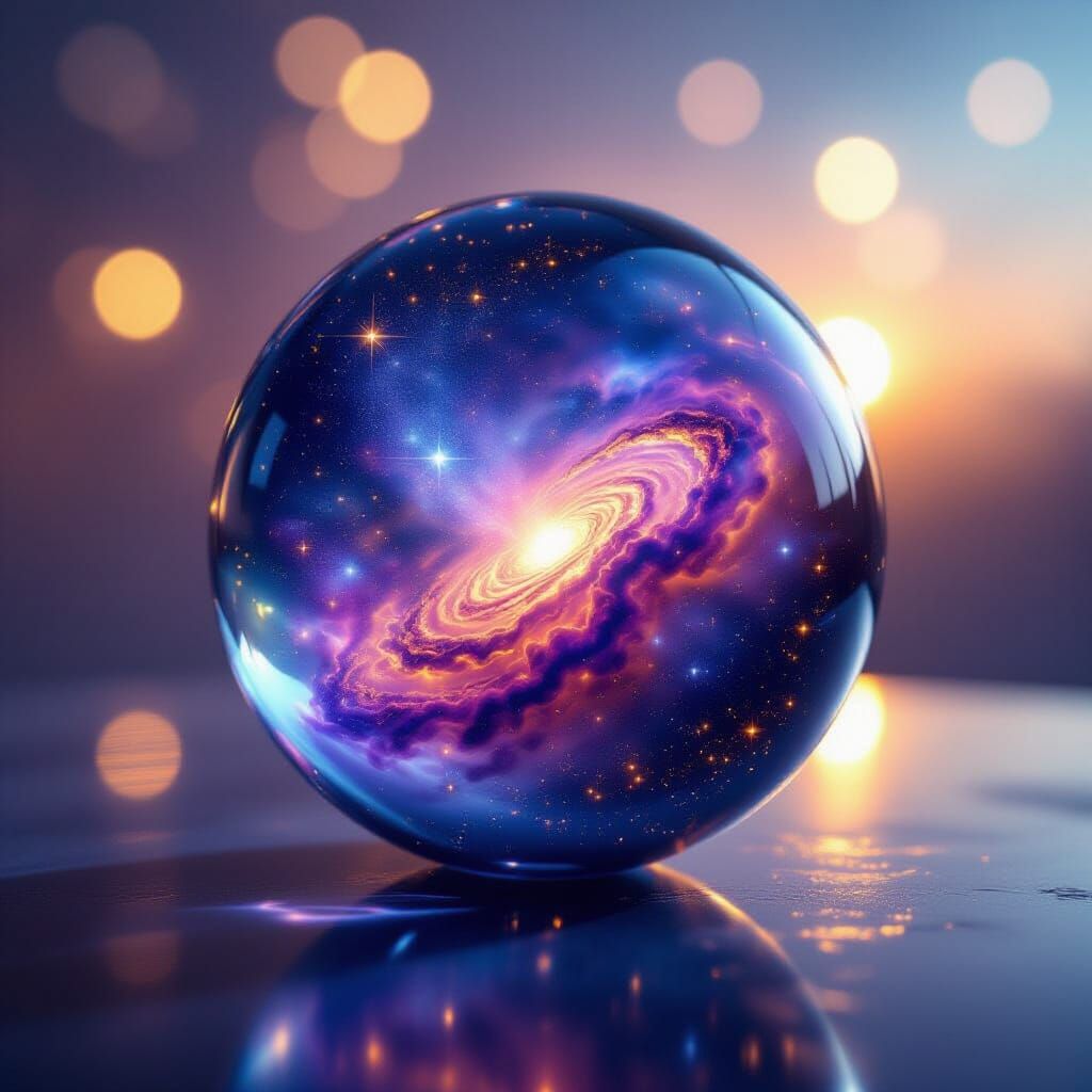 Intricate Nebula in Glass Sphere, Cosmic Photography Style