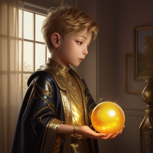 Child Holds Magical Golden Fruit in Whimsical Oil Painting