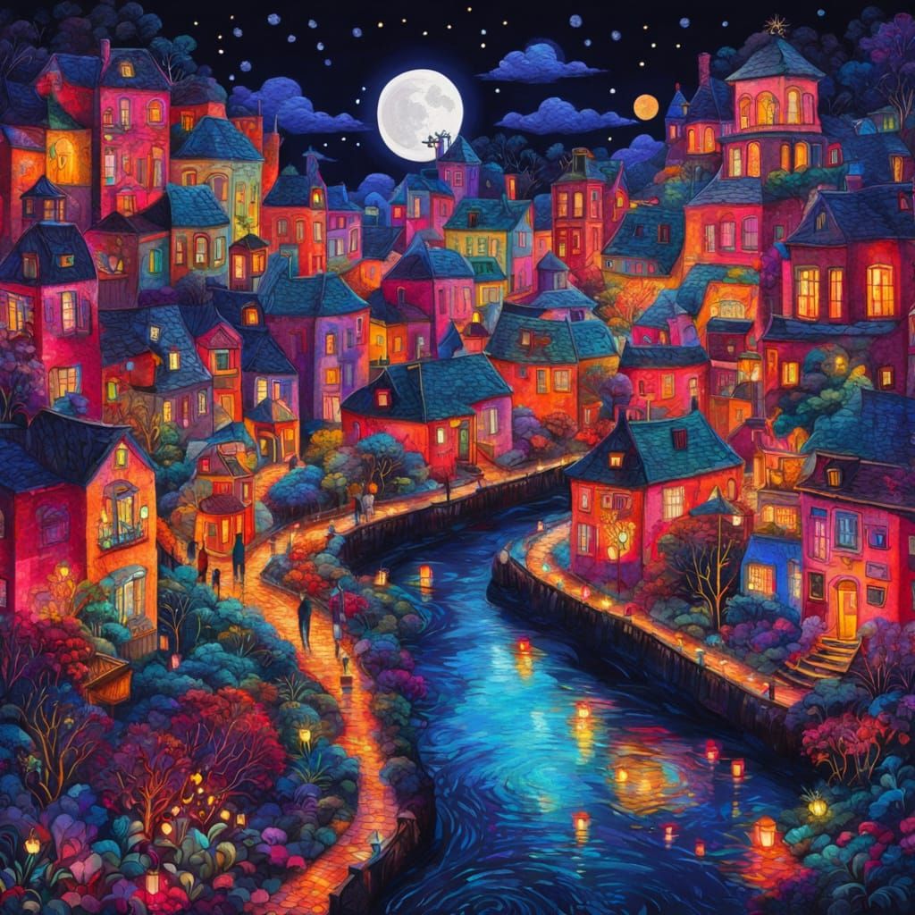 Dreamy Midnight City Embroidered Fantasy