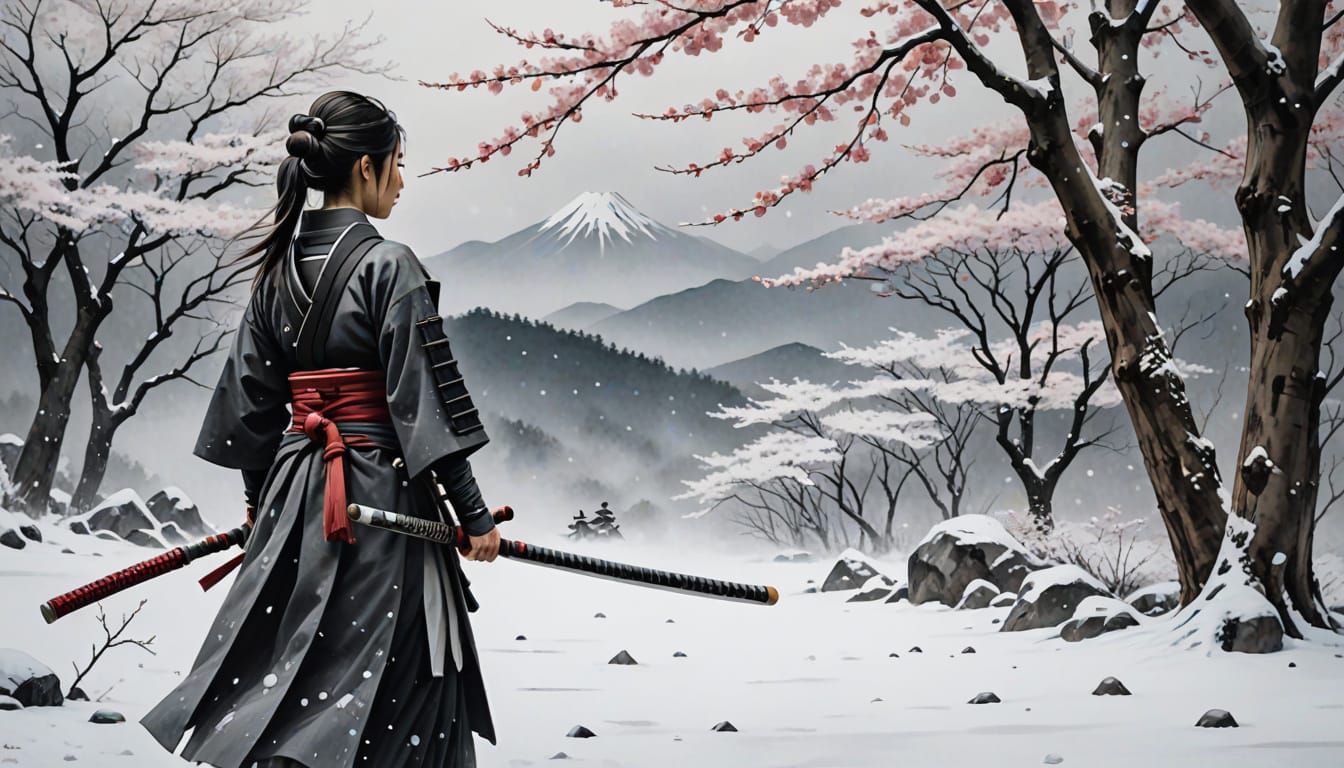 Female Samurai on Battlefield in Sumi-e Style
