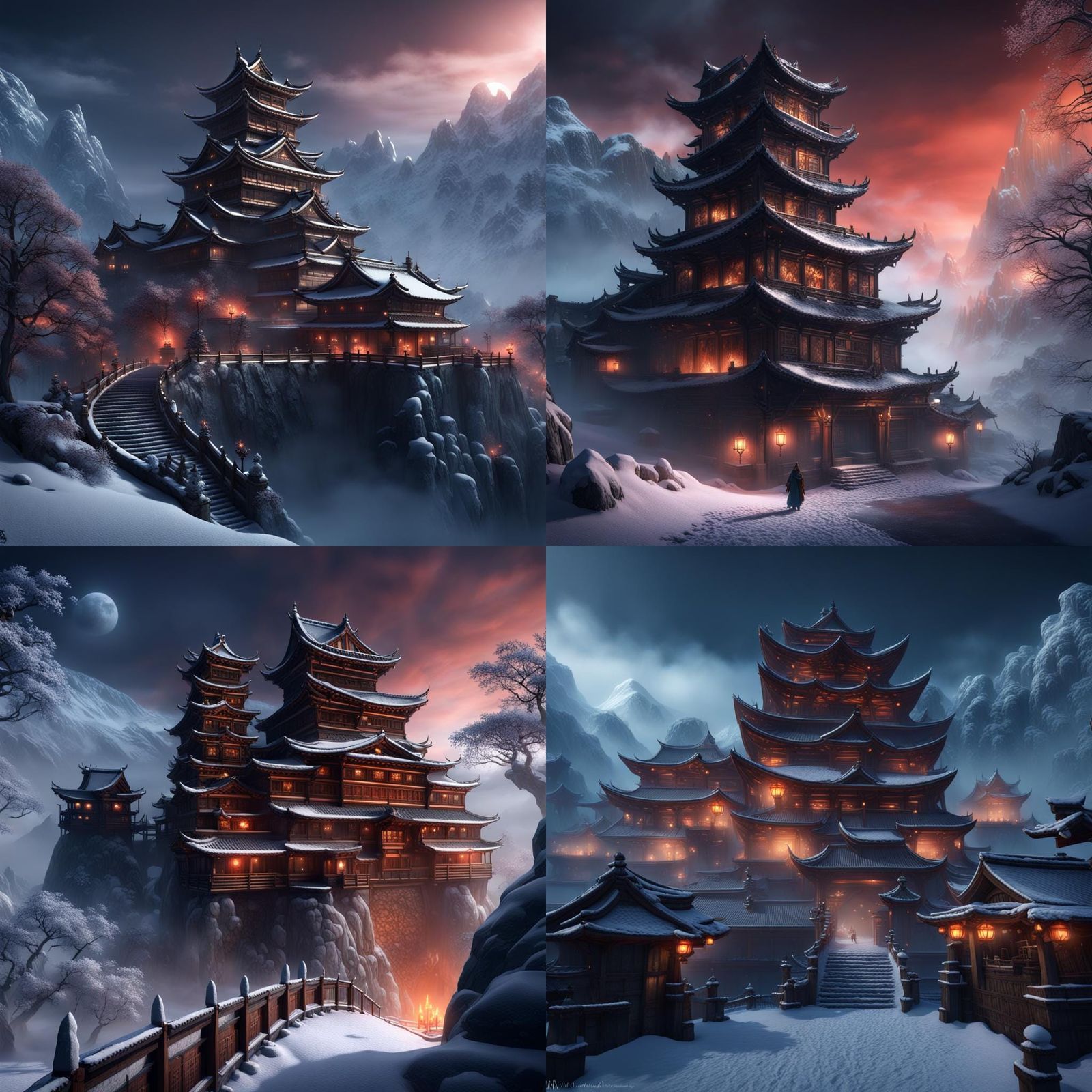 Snowy Shogun Castle with Girl in the Night