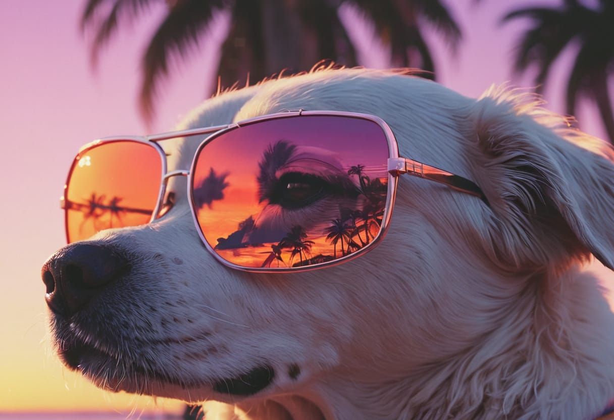 Vaporwave Dog in Hawaii with Neon Sunglasses at Sunset