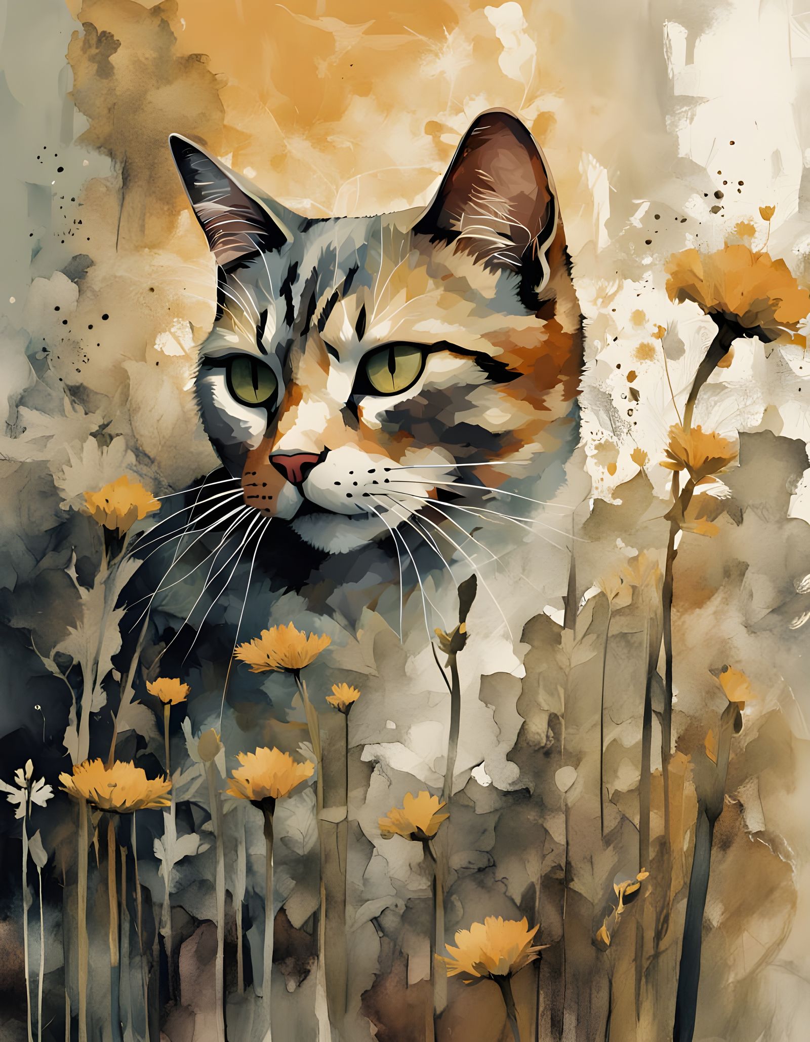 Whimsical Watercolor Cat Amidst Dandelions