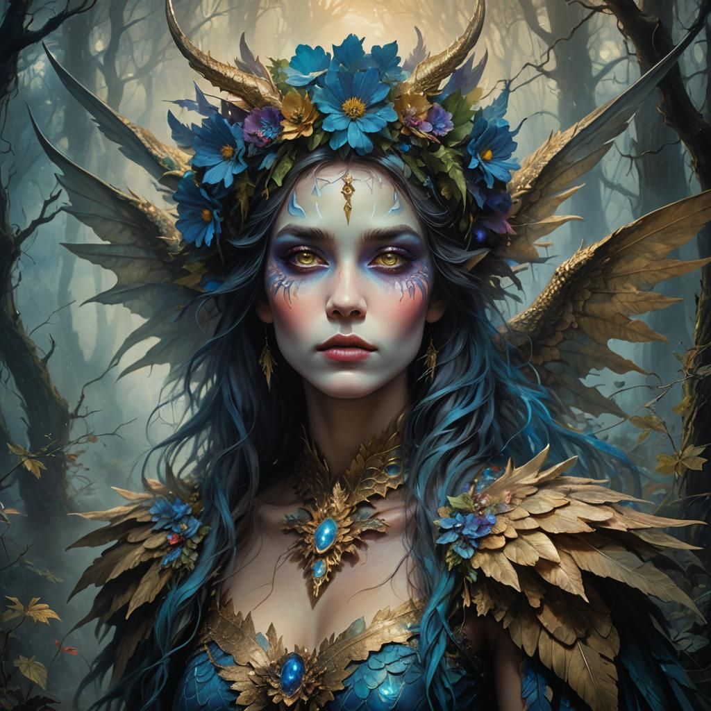 Iridescent Dragon Woman in Dark Forest, Surreal Horror