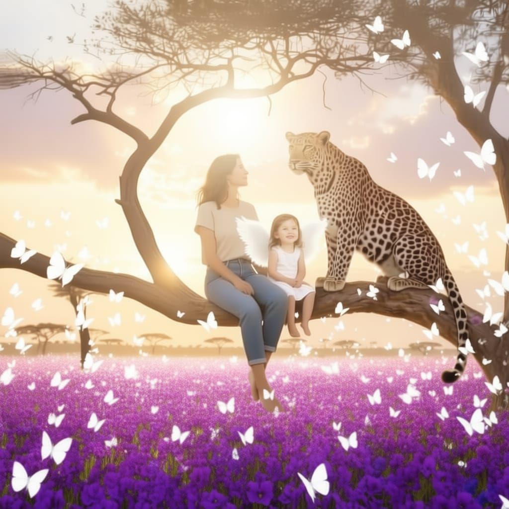 Woman and Leopard in African Bushveld at Sunrise