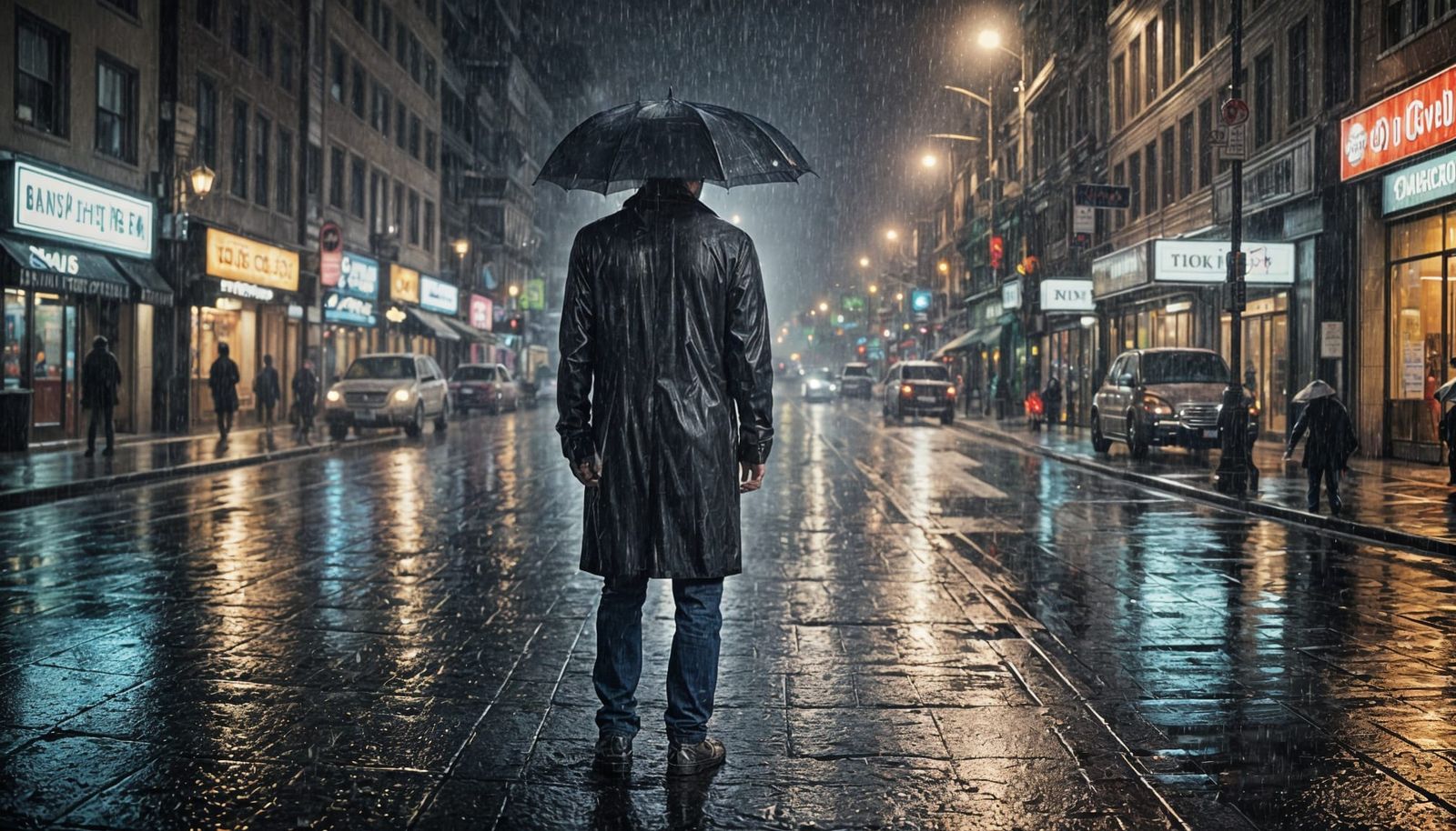 Lonely Man in Rain: Cinematic Cityscape at Night