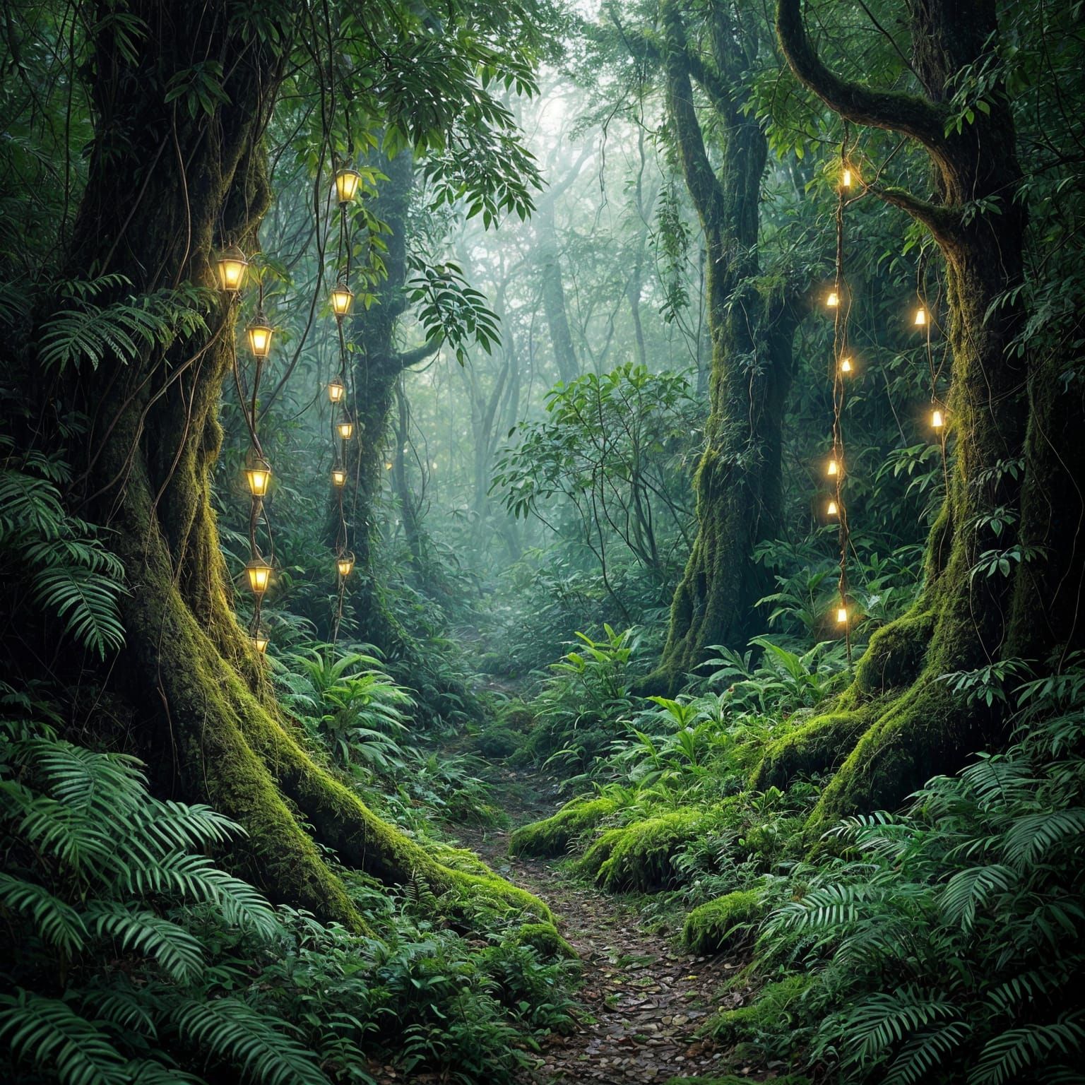 Deep in an ancient jungle, glowing vines slide down from trees like silk. Vivid moss carpets the forest floor, lighting ...