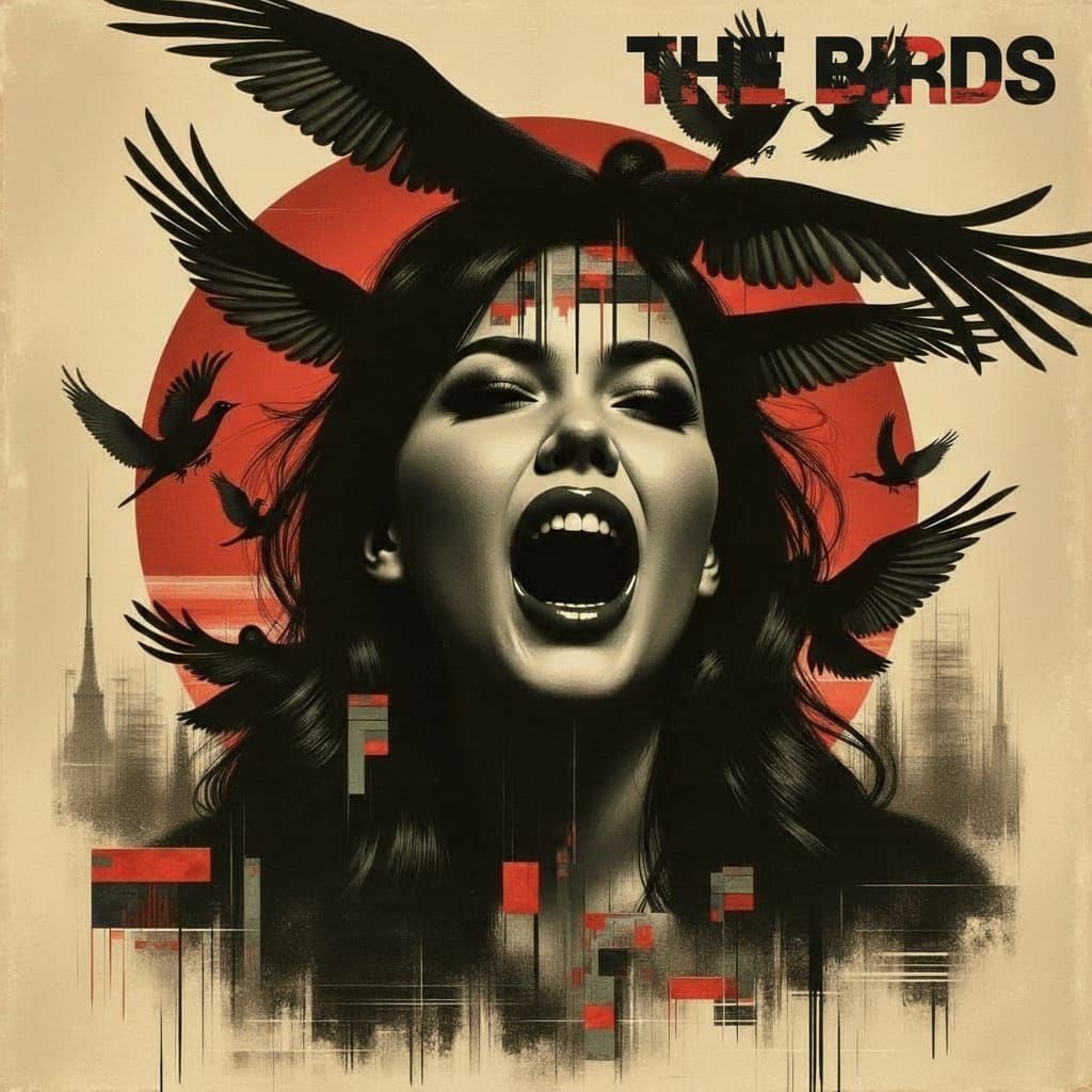 1963 Hitchcock-Style Poster of Screaming Woman with Bird Sil...