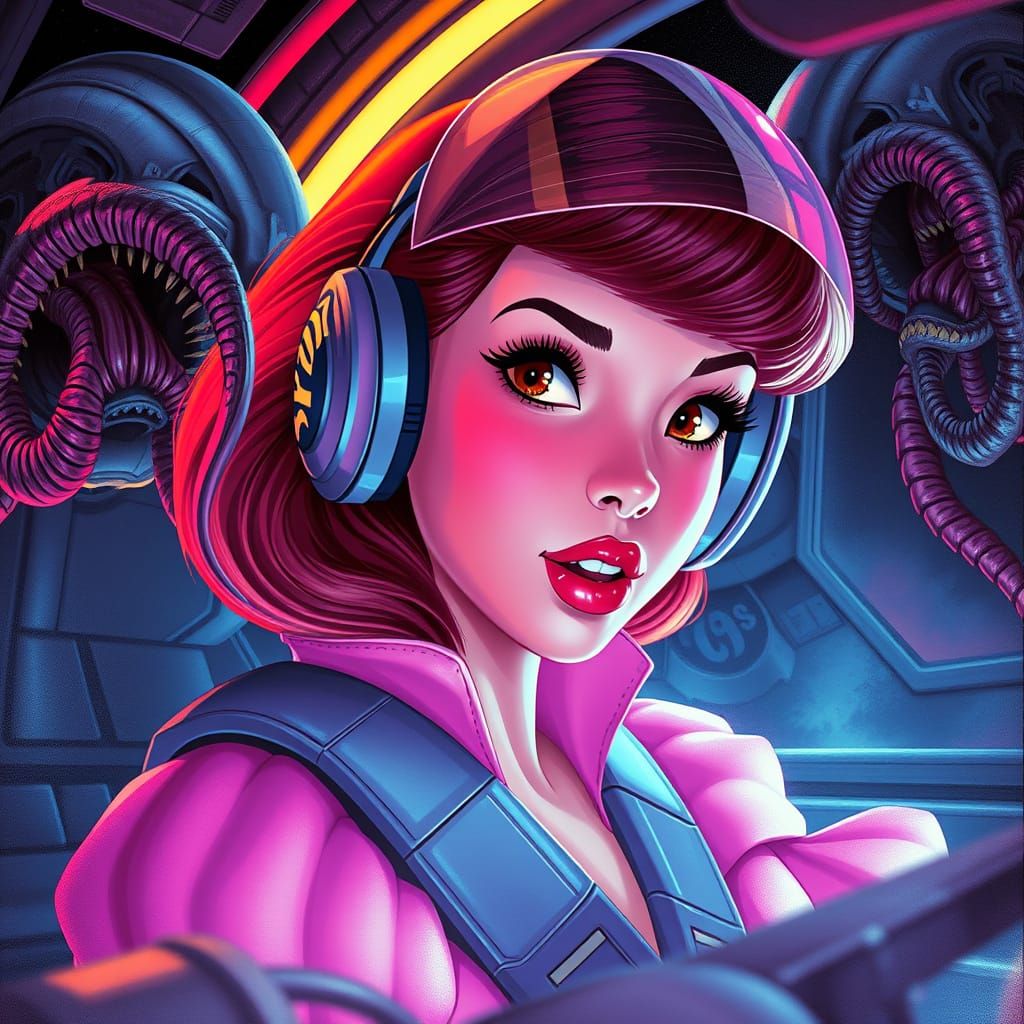 Sci-Fi Disney Princess Battles Aliens in Neon Space
