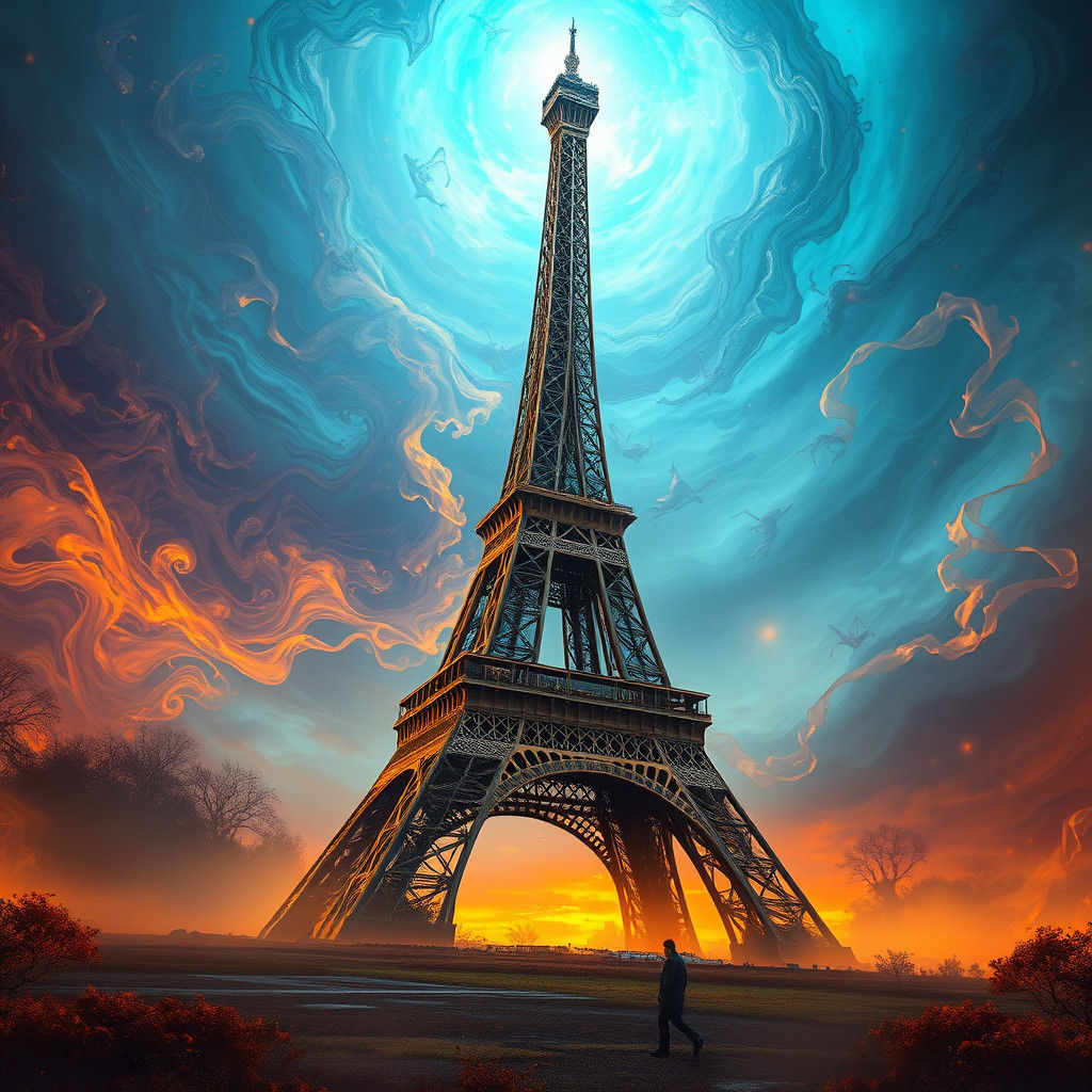 Eiffel Tower in Mystical Sci-Fi Landscape