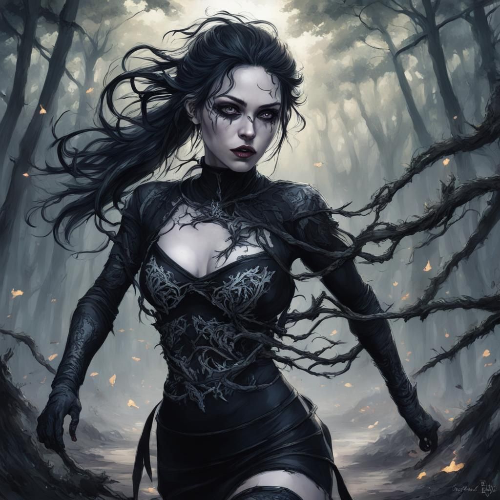 Gothic Woman Runs Through Forest, Fantastical Style