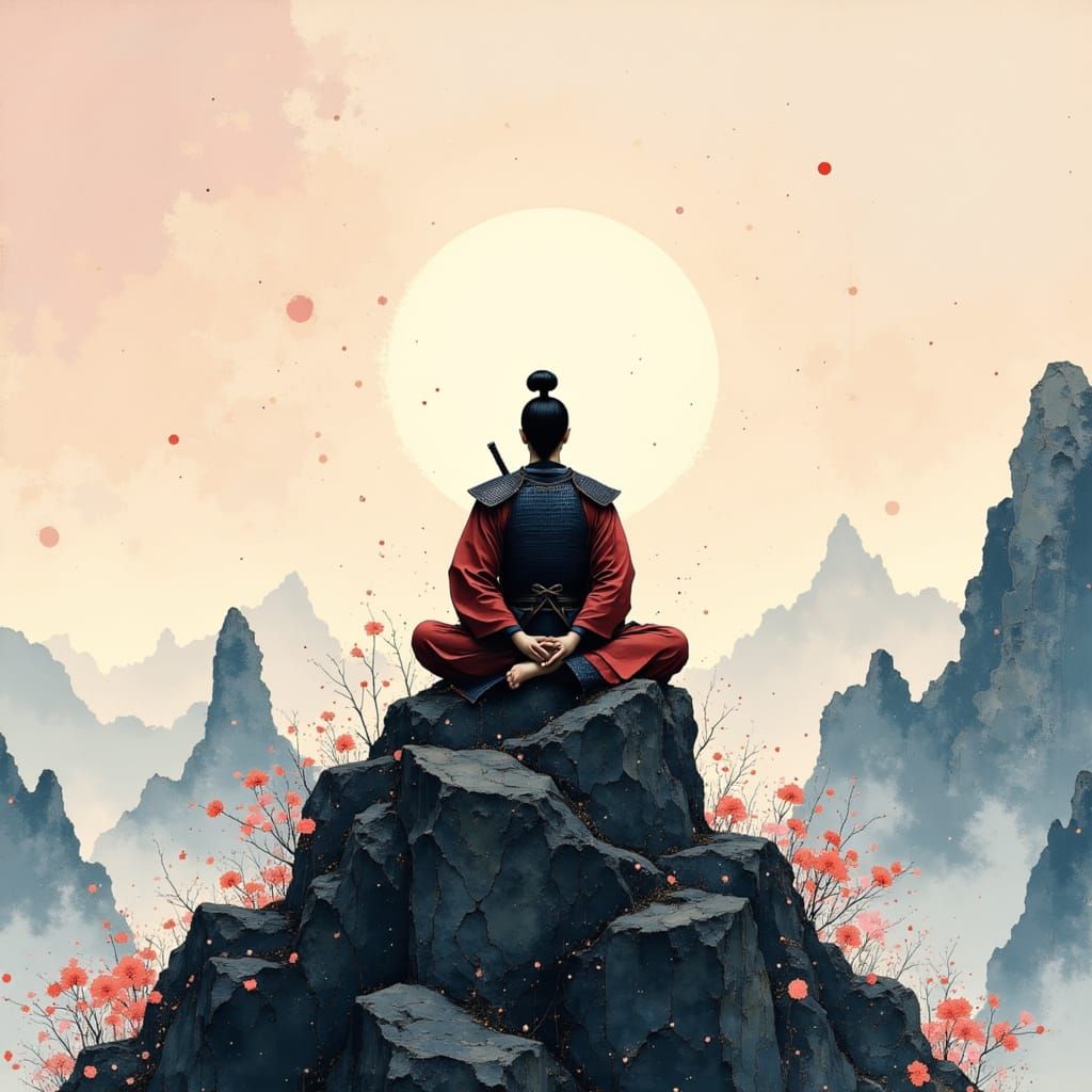 Samurai Meditating at Dawn in Japanese Ink Wash Style