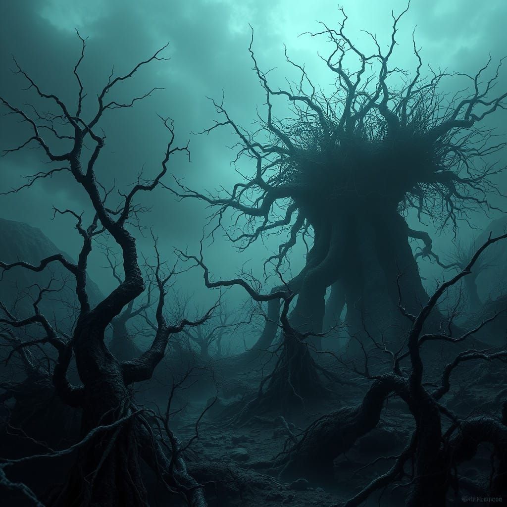 Dark Fantasy Landscape with Twisted Thorns and Gnarled Branc...