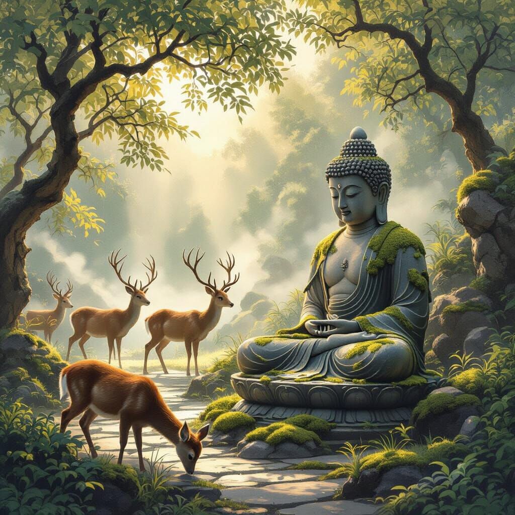 Serene Buddha with Deer in Mossy Garden