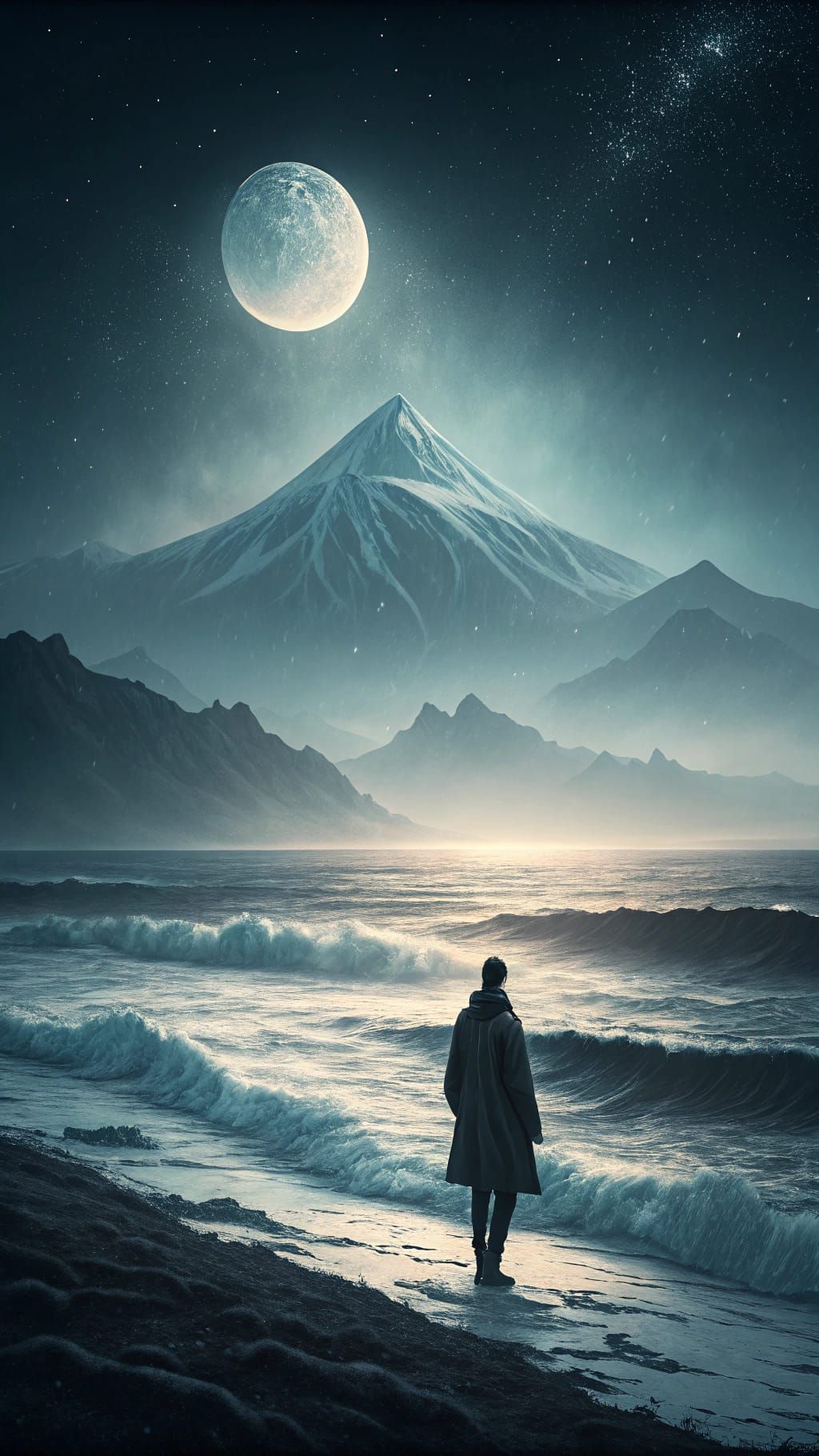 Surreal Moonlit Ocean View in Abstract Expressionist Style