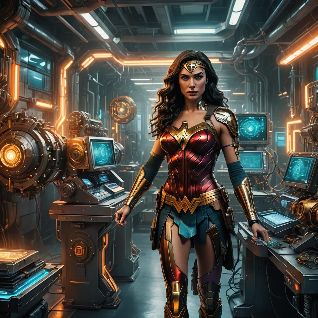 Wonder Woman in High-Tech Lab, Art Nouveau Style