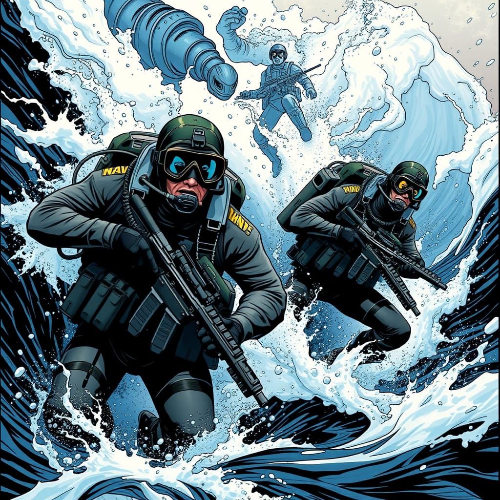 Navy SEALs Breach Ocean Surface in Comic Book Style