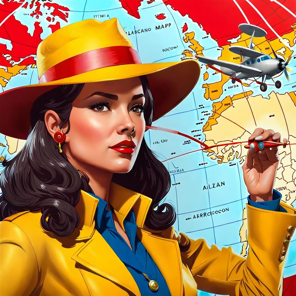 Carmen Sandiego in Steampunk Style with World Map
