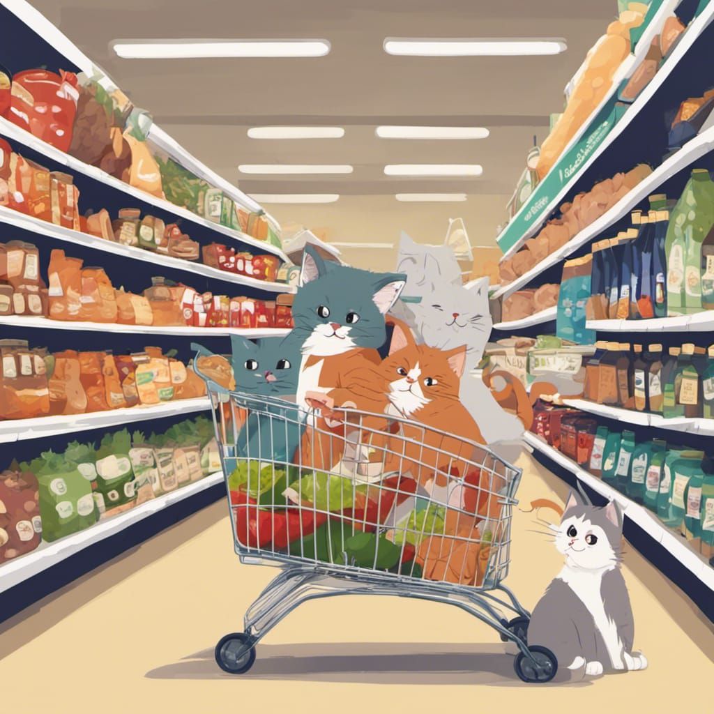 Cat Family Grocery Shopping at Supermarket