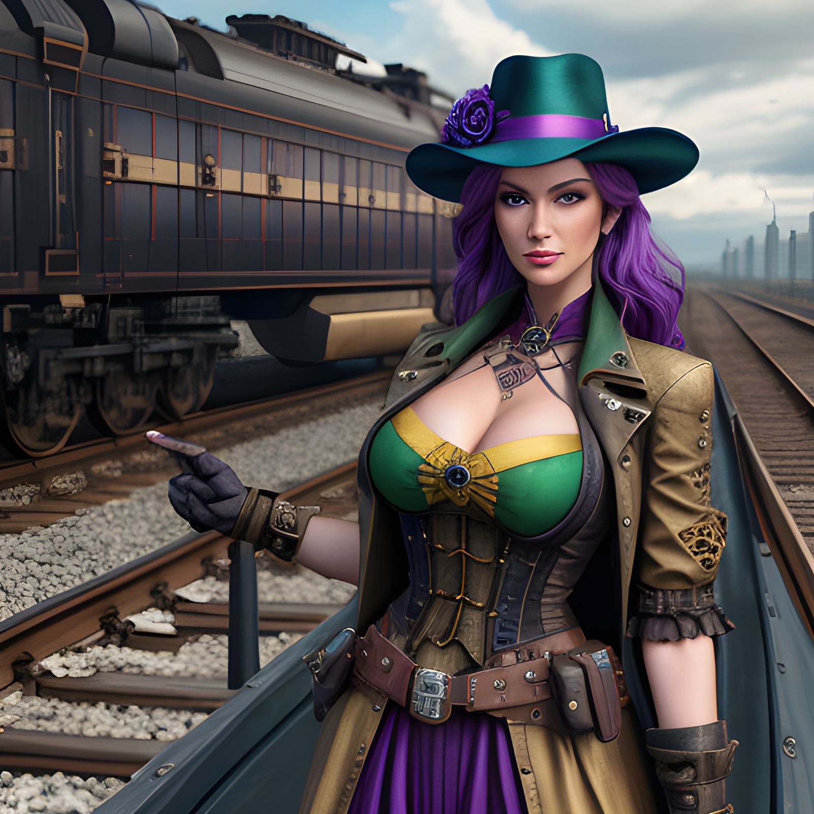 Steampunk Woman on Freight Rail Car