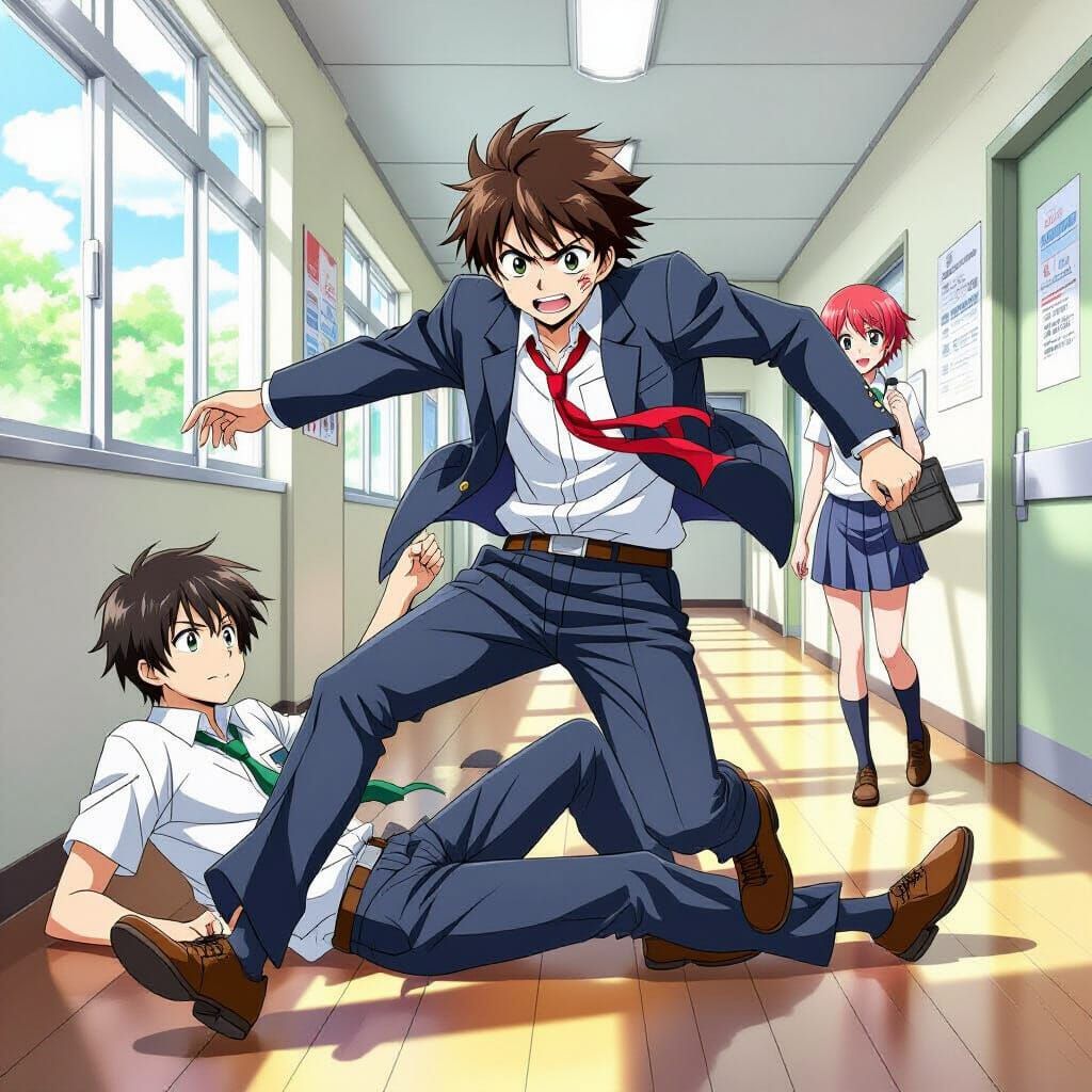 Anime Boy's Chaotic School Hallway Mishap