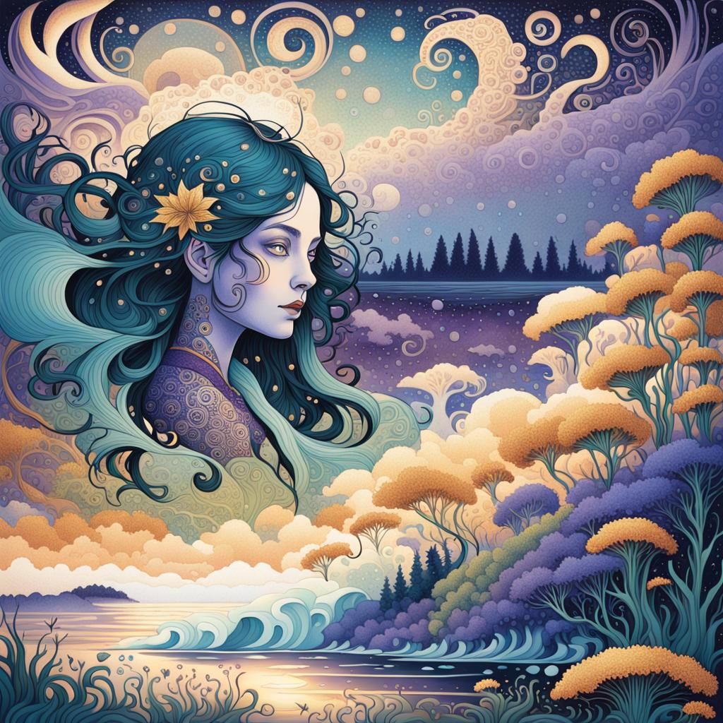 Ethereal Woman in Art Nouveau Twilight Landscape