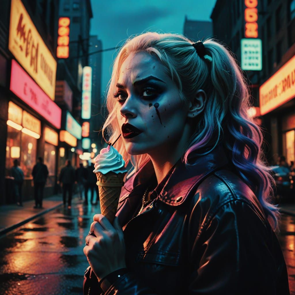 Harley Quinn Savoring Ice Cream in Neon City