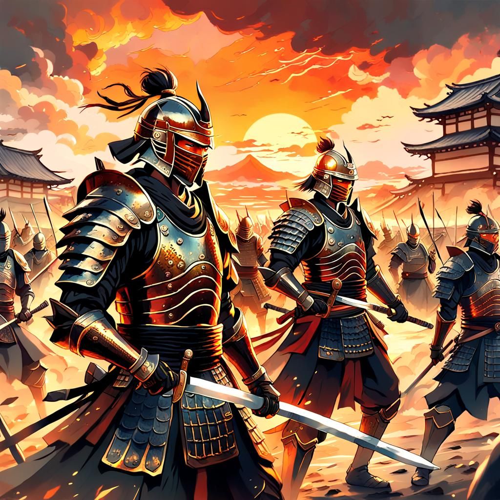 Japanese Warriors in Black Armor at Sunset
