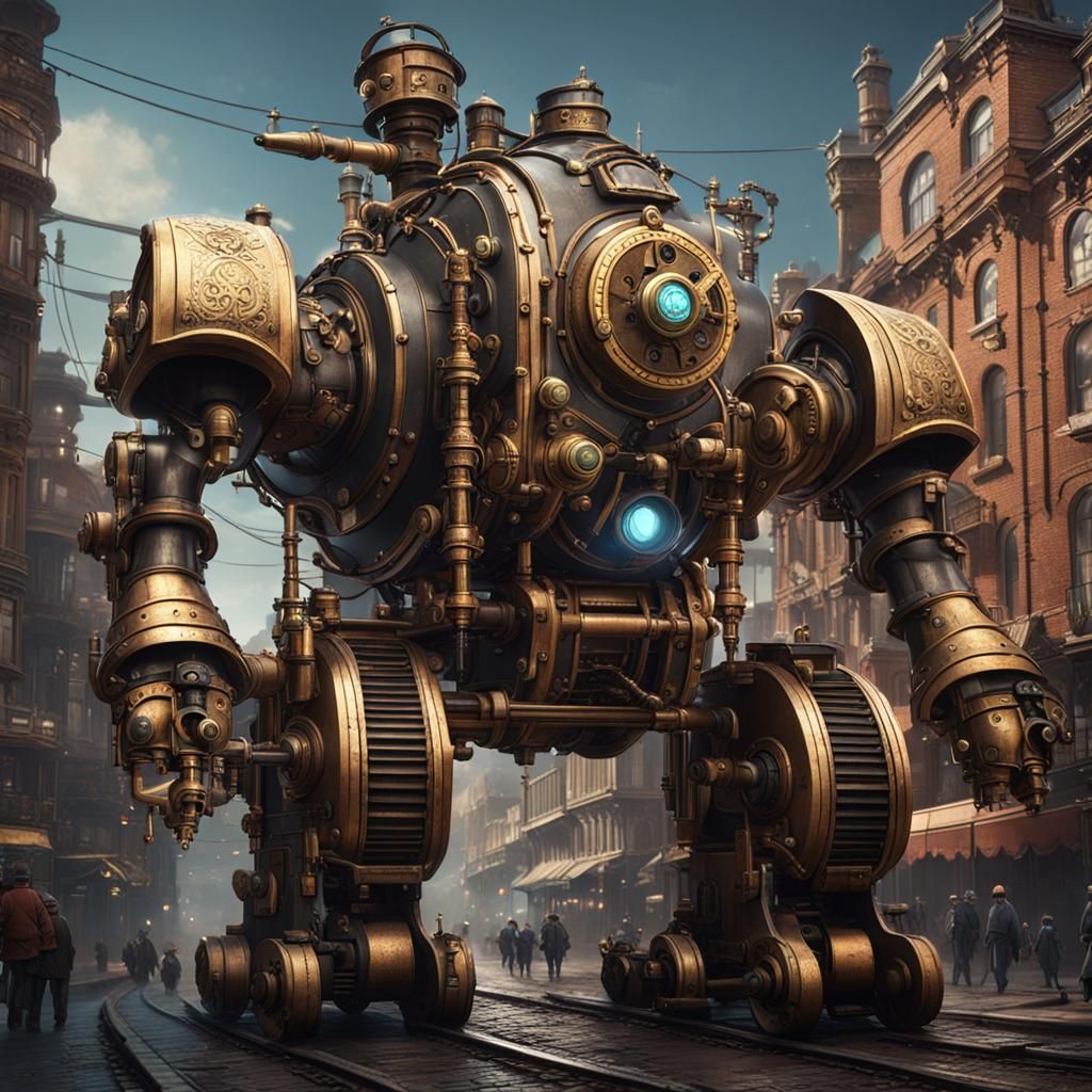 Steampunk Mecha Patrolling Victorian City