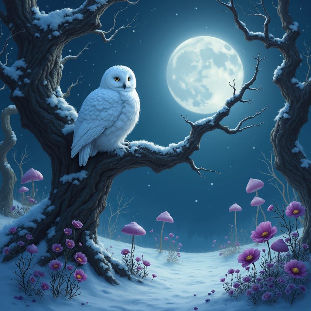 Majestic Snowy Owl Under Mystical Winter Landscape