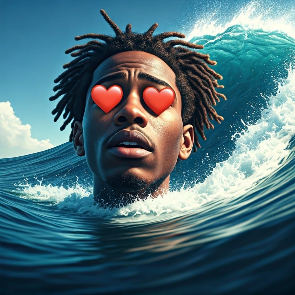 Young Man Confronts Ocean's Fury in Vibrant Digital Art