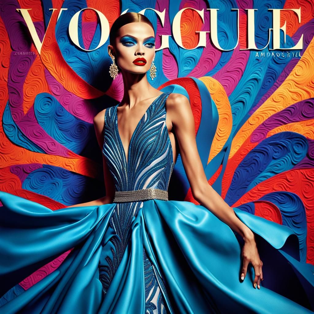 A high fashion vogue magazine cover featuring a striking mod...