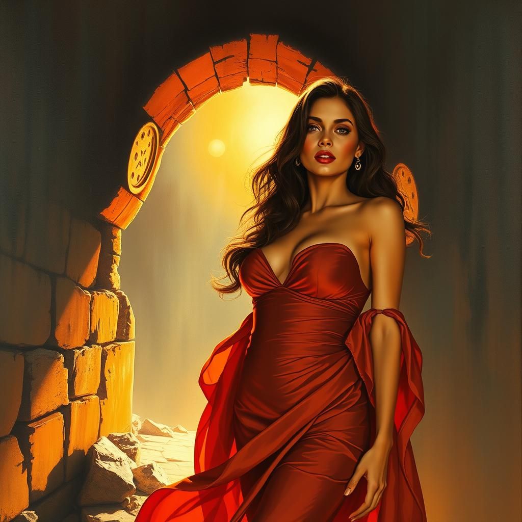 Retro-Futuristic Temple Encounter in Heavy Metal Style