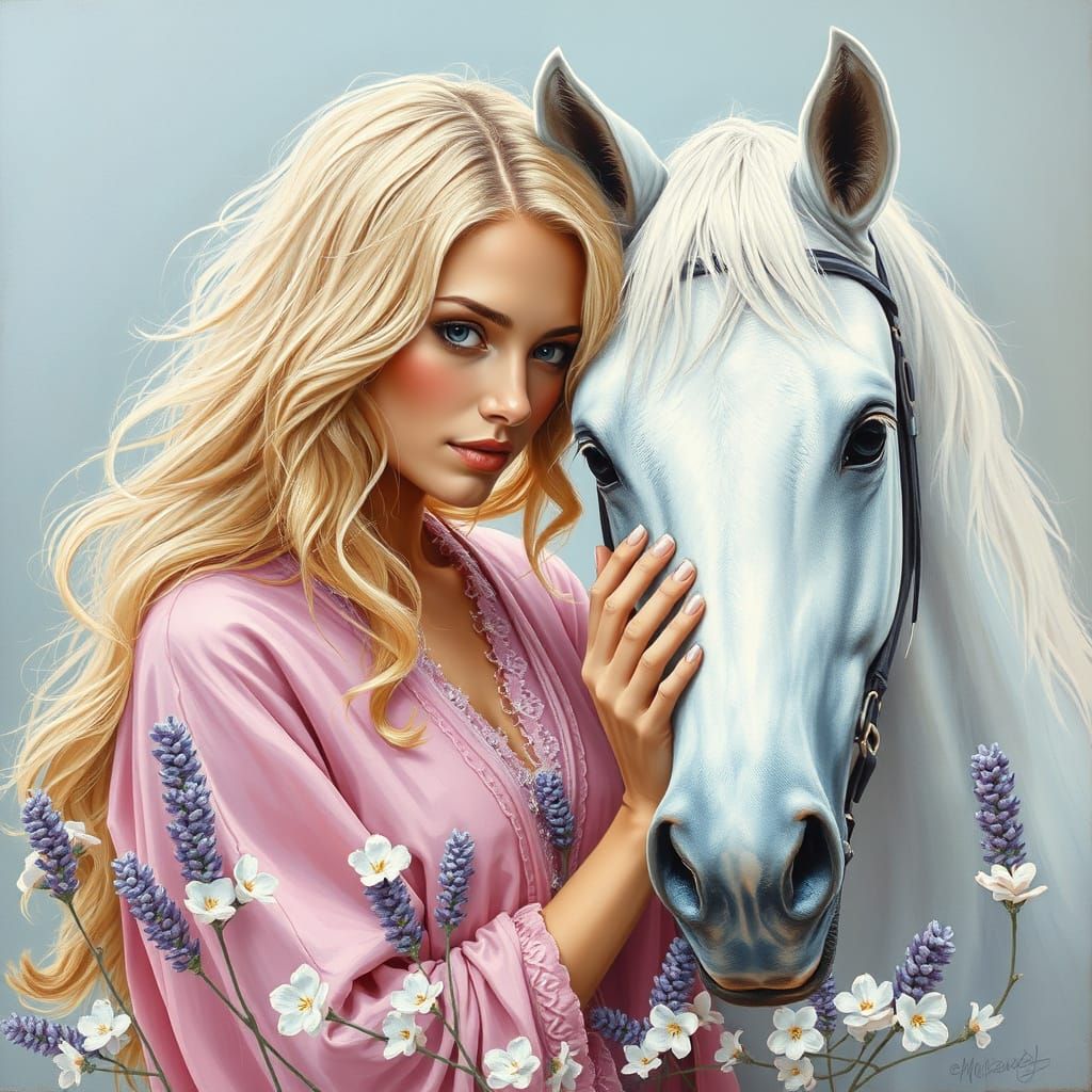 Blonde Woman in Ethereal Landscape with White Horse