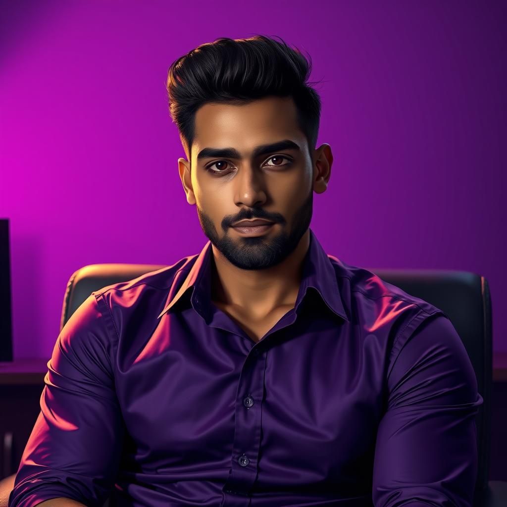 Handsome Indian Man in Purple Shirt, Photorealistic Style