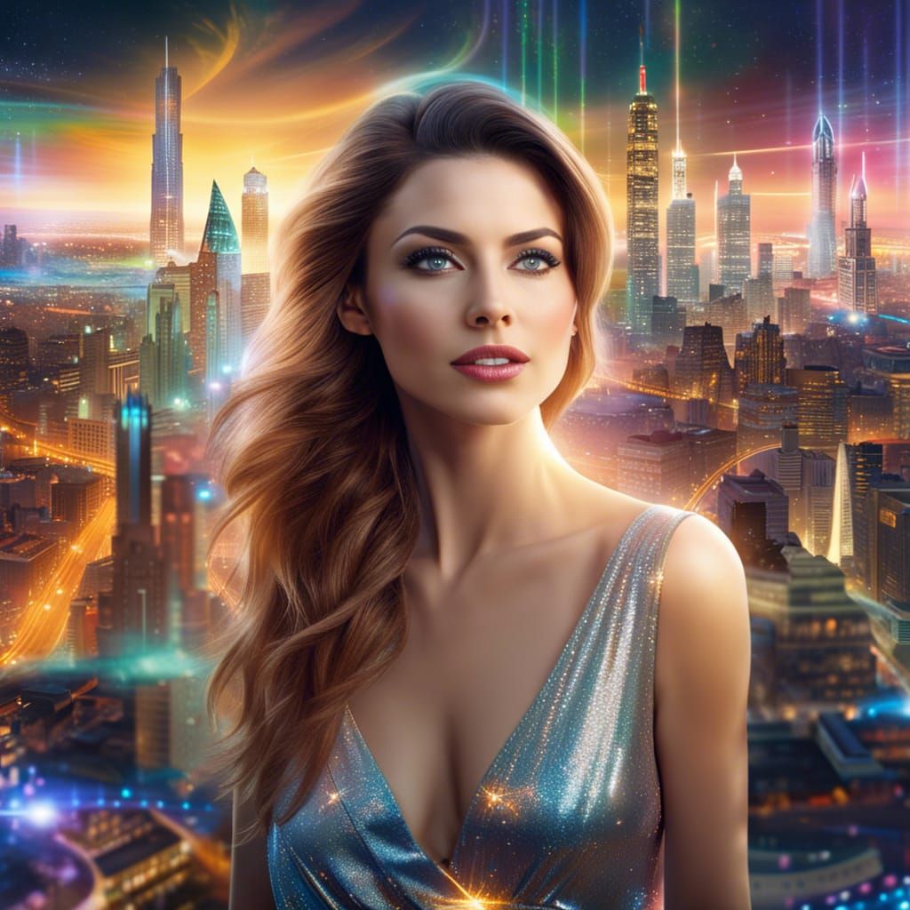 Joyful Woman in Utopian Cityscape, High-Resolution Portrait