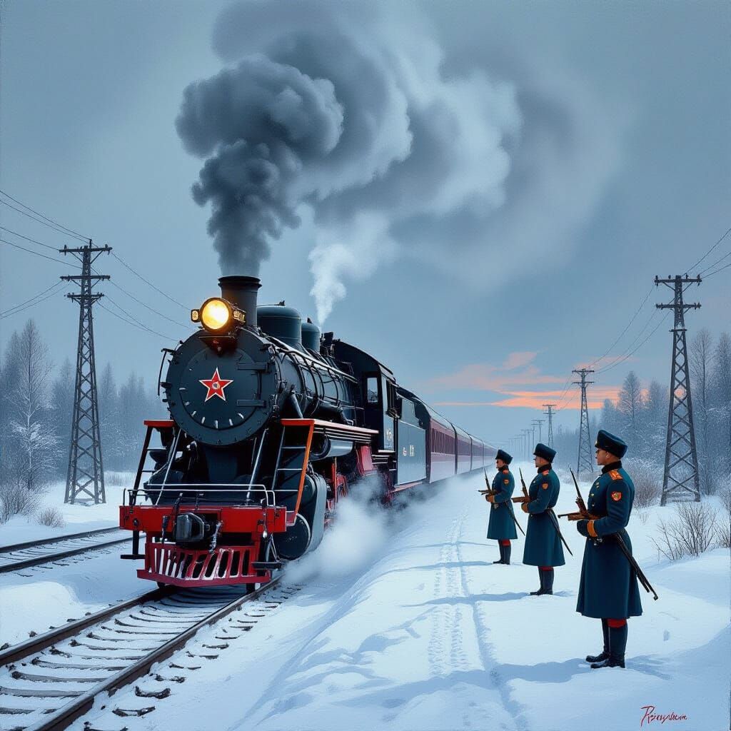 Siberian Railway Guarded by KGB Soldiers in Realistic Oil Pa...