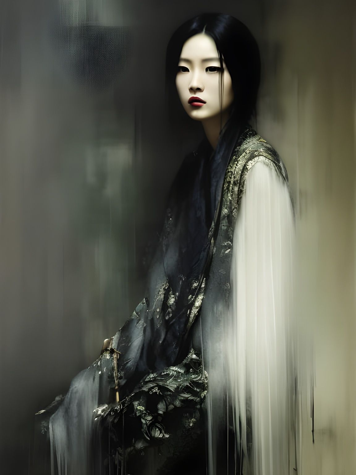 Beautiful Chinese Woman in Dark Clothing: Oil Painting