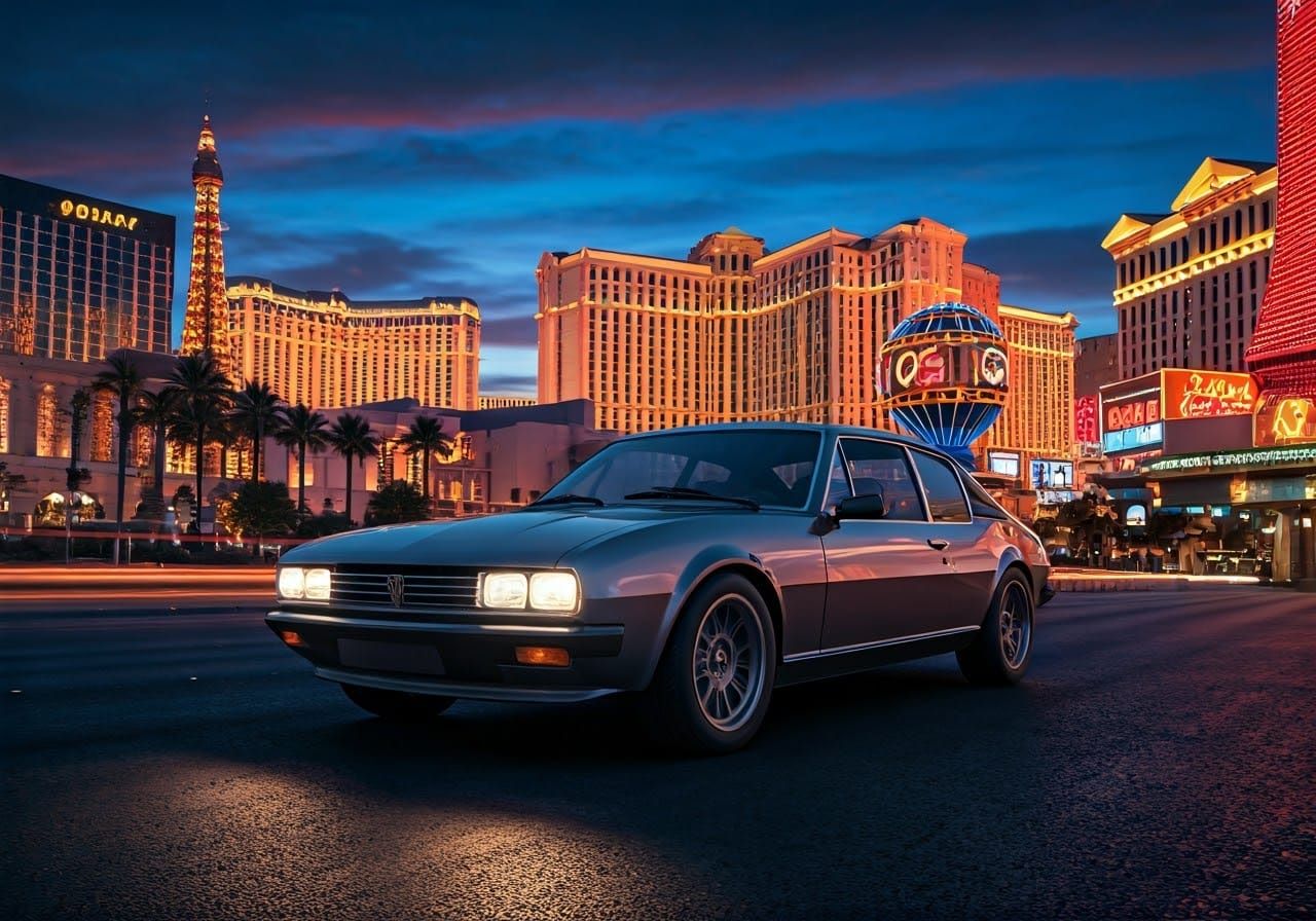 1980 Peugeot 604 Fastback Cruises Las Vegas Strip at Dusk