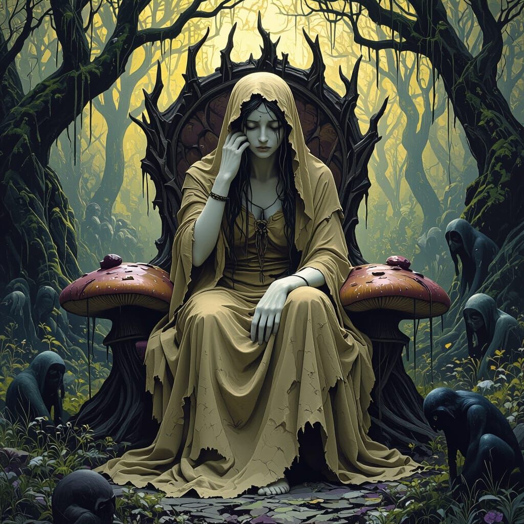 Goddess on Mushroom Throne in Dark Forest