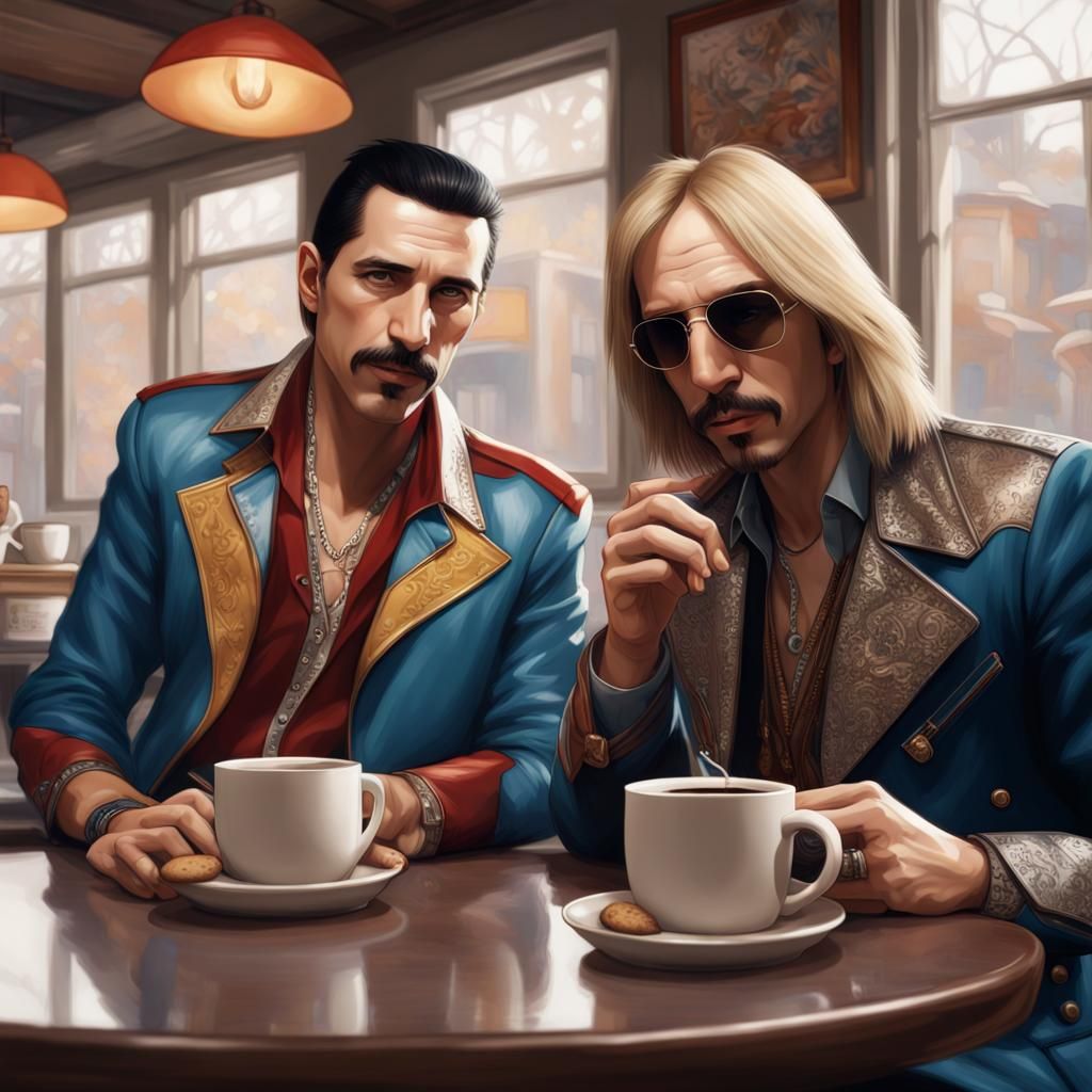 Freddy Mercury and Tom Petty Enjoying Coffee