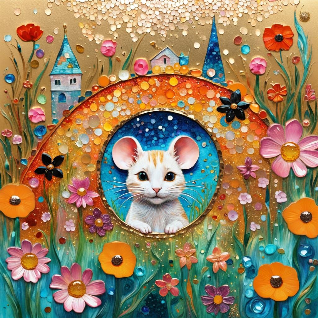 Cute Mouse and Cat Among Flowers in Vibrant Impasto Style