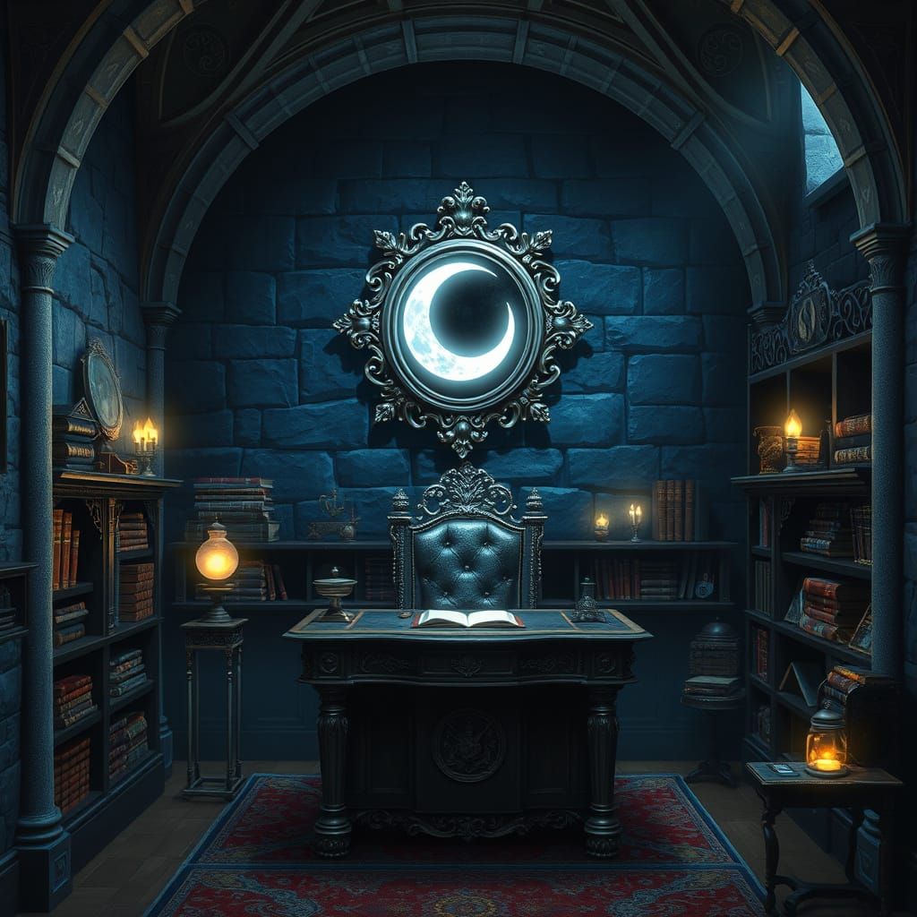 Mystical Office in Enchanted Castle with Navy Blue and Silve...