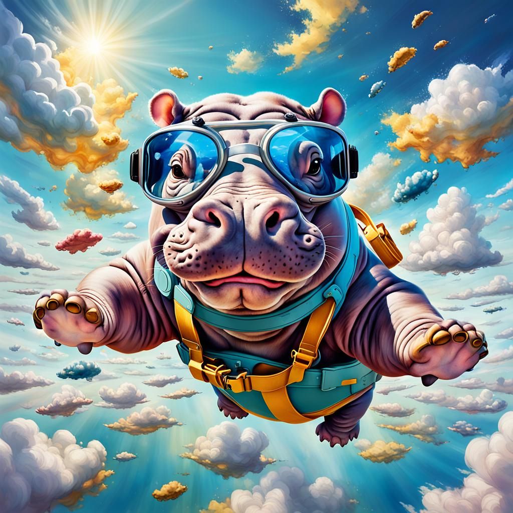 Whimsical Hippo Skydiving in Surrealist Style