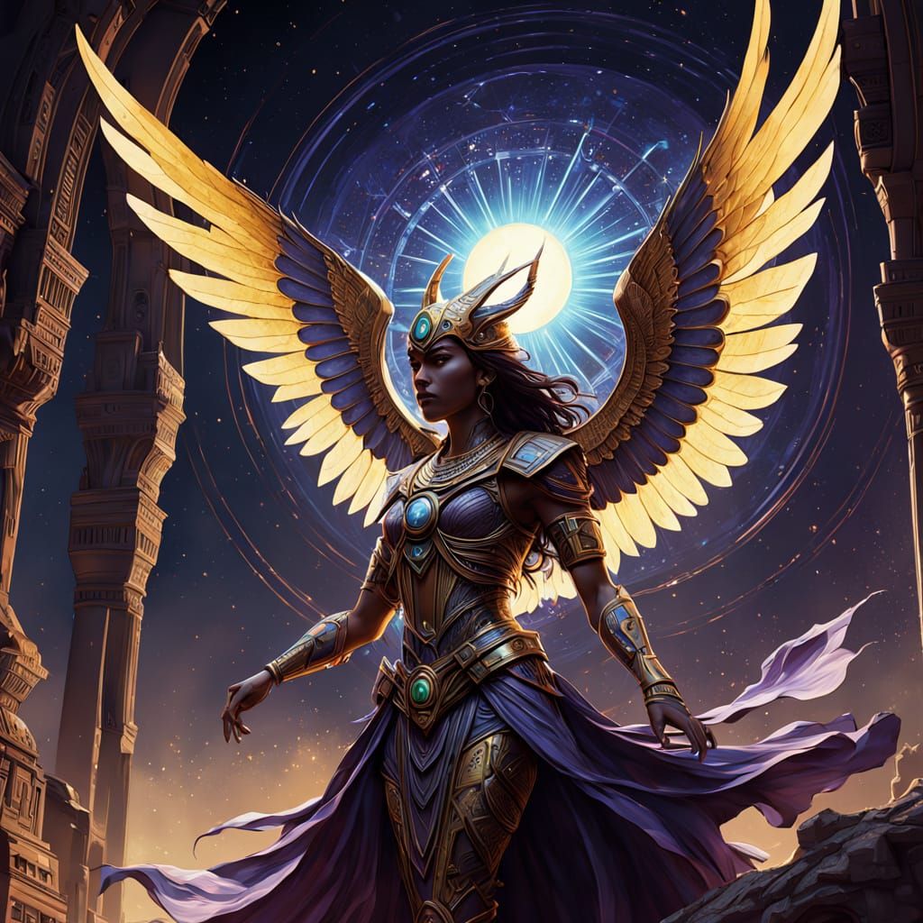 Neo-Egyptian Cosmic Art: Starlight Wings and Dawn