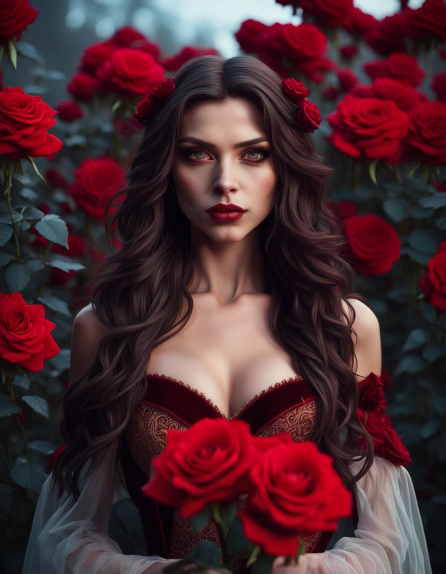 An attractive queen vampire girl is surrounded by a big red roses, upper body face shot, slighty wavy hair, dark brown h...